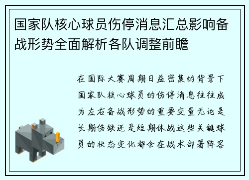 国家队核心球员伤停消息汇总影响备战形势全面解析各队调整前瞻
